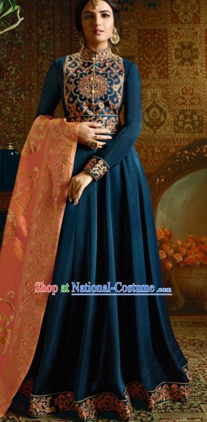 Indian Traditional Festival Navy Satin Anarkali Dress Asian India National Court Bollywood Costumes for Women