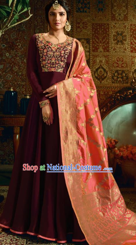 Indian Traditional Festival Wine Red Satin Anarkali Dress Asian India National Court Bollywood Costumes for Women