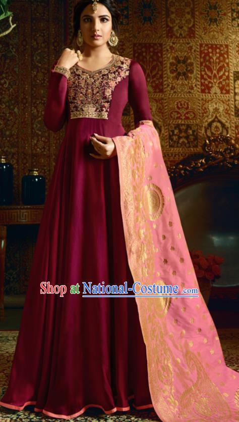 Indian Traditional Festival Rosy Satin Anarkali Dress Asian India National Court Bollywood Costumes for Women