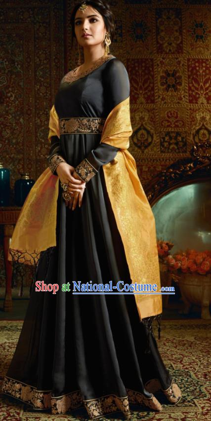 Indian Traditional Festival Black Satin Anarkali Dress Asian India National Court Bollywood Costumes for Women