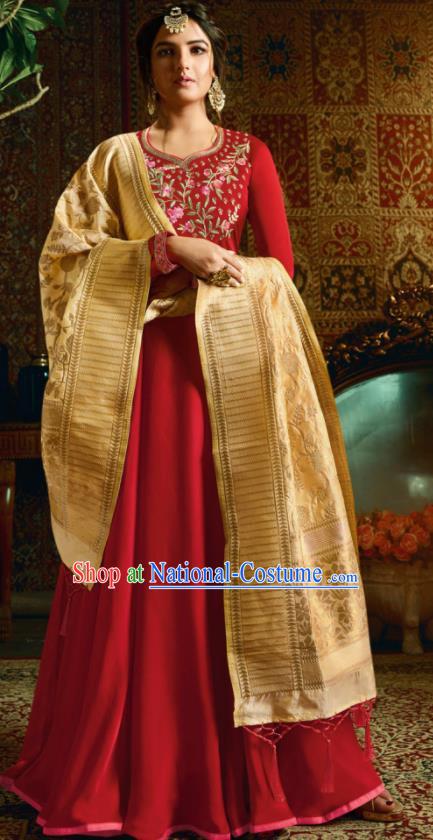 Indian Traditional Festival Red Satin Anarkali Dress Asian India National Court Bollywood Costumes for Women