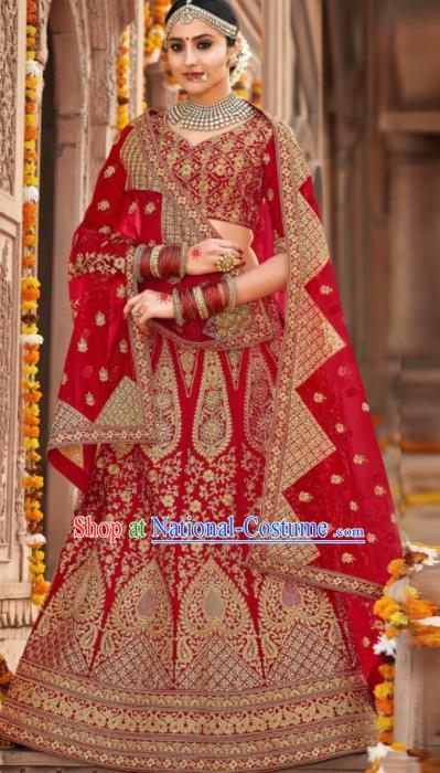 Indian Traditional Wedding Bride Lehenga Red Embroidered Dress Asian India National Court Bollywood Costumes for Women