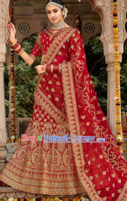 Indian Traditional Wedding Lehenga Court Bride Red Embroidered Dress Asian India National Bollywood Costumes for Women