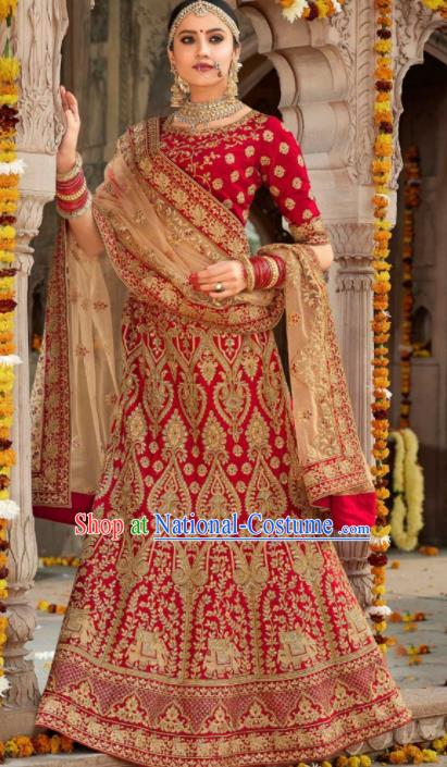 Traditional Indian Wedding Lehenga Court Bride Red Embroidered Dress Asian India National Bollywood Costumes for Women