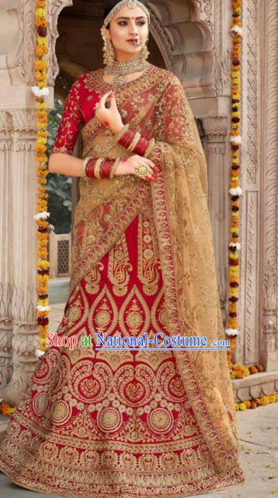 Traditional Indian Wedding Bride Lehenga Court Red Embroidered Dress Asian India National Bollywood Costumes for Women