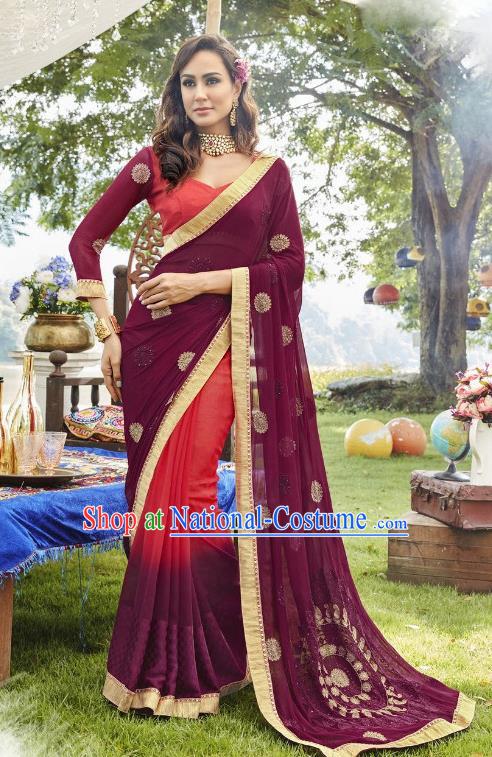 Traditional Indian Embroidered Purple Georgette Sari Dress Asian India National Bollywood Costumes for Women