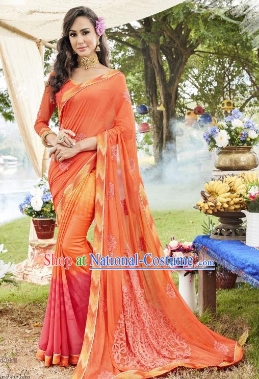 Traditional Indian Embroidered Orange Georgette Sari Dress Asian India National Bollywood Costumes for Women