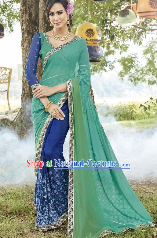 Traditional Indian Embroidered Royalblue and Green Georgette Sari Dress Asian India National Bollywood Costumes for Women