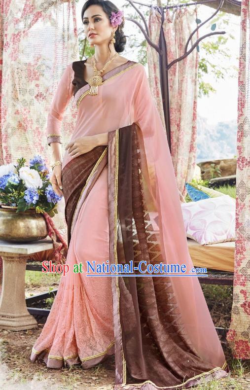 Traditional Indian Embroidered Pink and Brown Georgette Sari Dress Asian India National Bollywood Costumes for Women