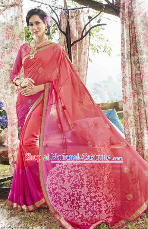 Traditional Indian Embroidered Pink and Rosy Georgette Sari Dress Asian India National Bollywood Costumes for Women