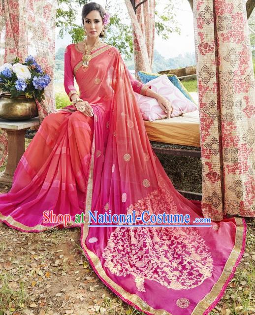 Traditional Indian Embroidered Pink and Rosy Georgette Sari Dress Asian India National Bollywood Costumes for Women