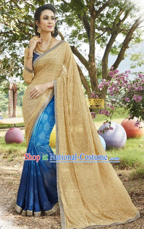 Traditional Indian Embroidered Ginger and Blue Georgette Sari Dress Asian India National Bollywood Costumes for Women