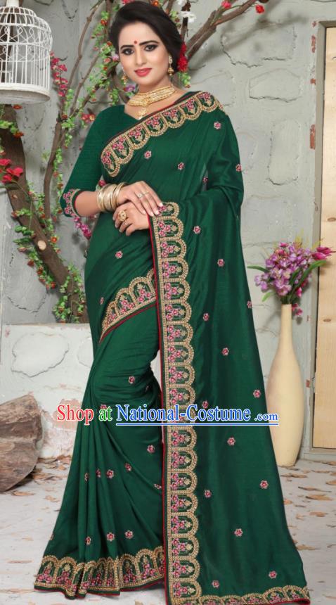 Traditional Indian Embroidered Green Silk Sari Dress Asian India National Bollywood Costumes for Women