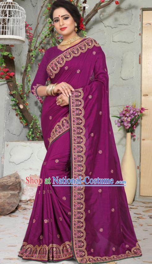 Traditional Indian Embroidered Purple Silk Sari Dress Asian India National Bollywood Costumes for Women