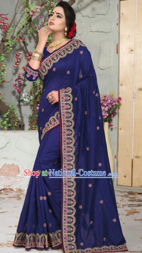 Traditional Indian Embroidered Navy Silk Sari Dress Asian India National Bollywood Costumes for Women