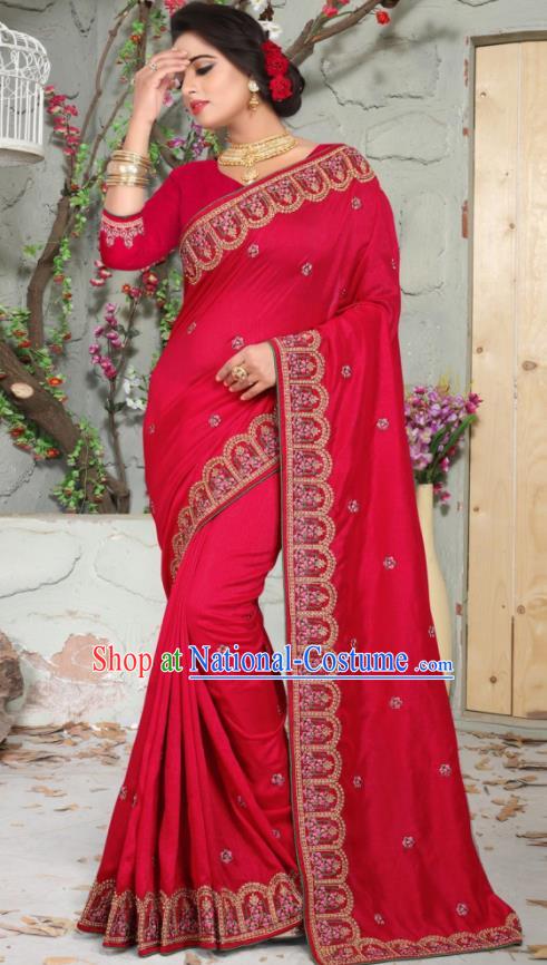 Traditional Indian Embroidered Red Silk Sari Dress Asian India National Bollywood Costumes for Women