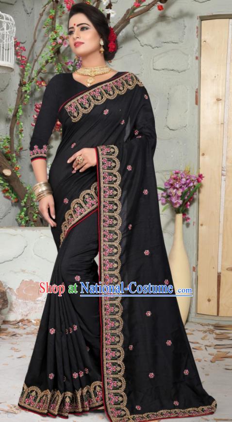 Traditional Indian Embroidered Black Silk Sari Dress Asian India National Bollywood Costumes for Women