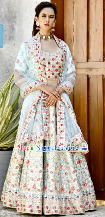 Traditional Indian Embroidered Lehenga Light Blue Satin Dress Asian India National Bollywood Costumes for Women