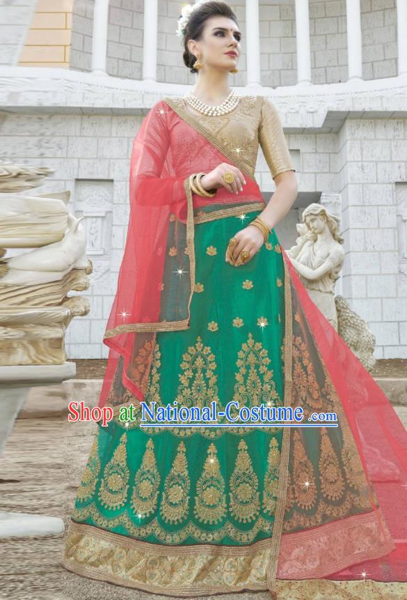 Traditional Indian Embroidered Lehenga Green Dress Asian India National Bollywood Costumes for Women