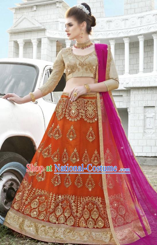 Traditional Indian Embroidered Lehenga Orange Dress Asian India National Bollywood Costumes for Women