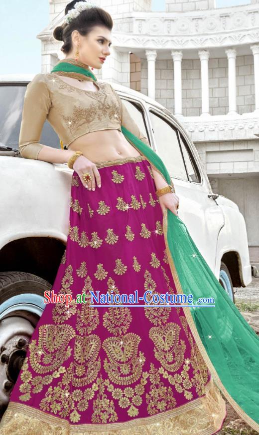 Traditional Indian Embroidered Lehenga Rosy Dress Asian India National Bollywood Costumes for Women