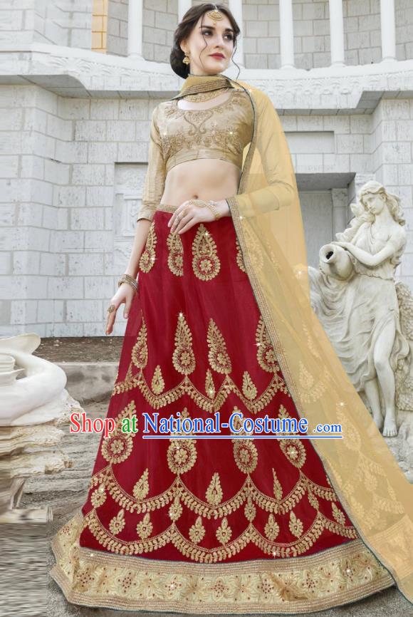 Traditional Indian Embroidered Lehenga Wine Red Dress Asian India National Bollywood Costumes for Women