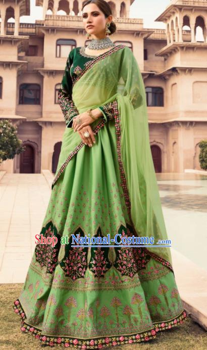 Traditional Indian Embroidered Lehenga Green Silk Dress Asian India National Bollywood Costumes for Women