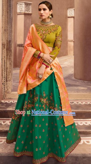 Traditional Indian Embroidered Lehenga Deep Green Silk Dress Asian India National Bollywood Costumes for Women