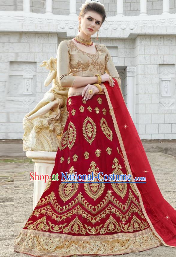 Traditional Indian Embroidered Lehenga Red Dress Asian India National Bollywood Costumes for Women