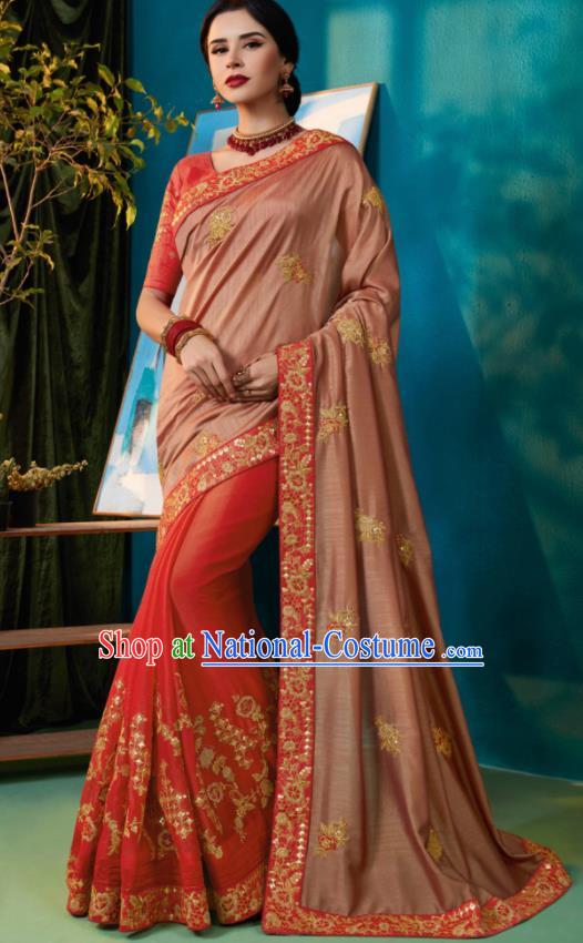 Traditional Indian Sari Embroidered Pink and Red Silk Dress Asian India National Bollywood Costumes for Women