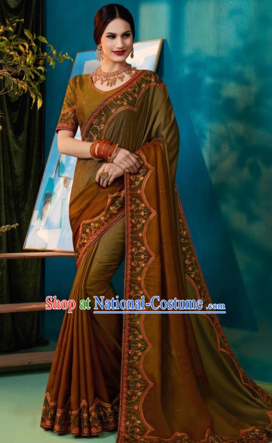 Traditional Indian Sari Embroidered Olive Green and Brown Silk Dress Asian India National Bollywood Costumes for Women