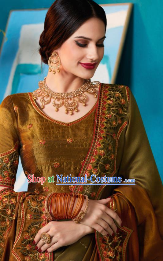 Traditional Indian Sari Embroidered Olive Green and Brown Silk Dress Asian India National Bollywood Costumes for Women