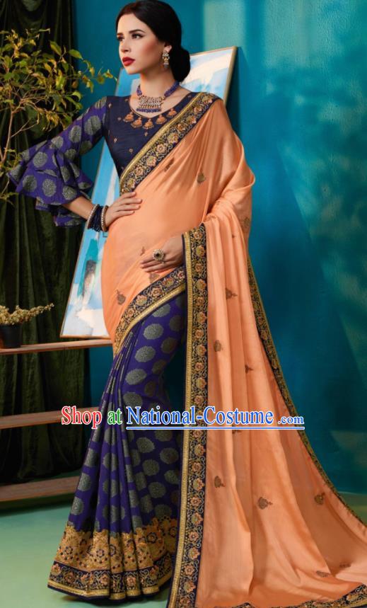 Traditional Indian Sari Embroidered Purple and Orange Silk Dress Asian India National Bollywood Costumes for Women