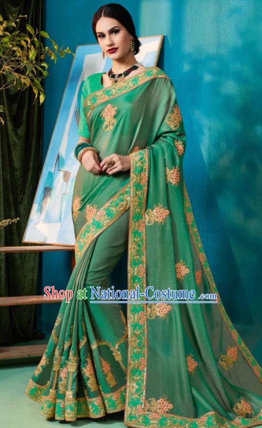 Traditional Indian Sari Embroidered Green Silk Dress Asian India National Bollywood Costumes for Women