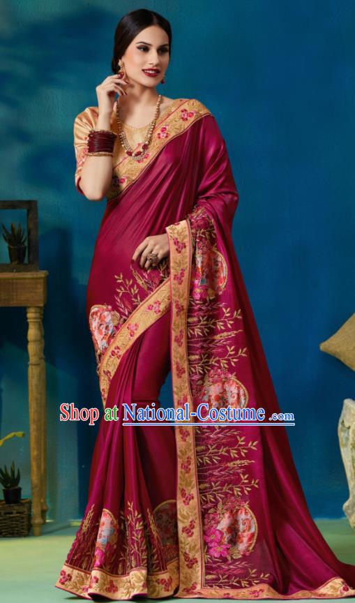 Traditional Indian Sari Embroidered Wine Red Silk Dress Asian India National Bollywood Costumes for Women