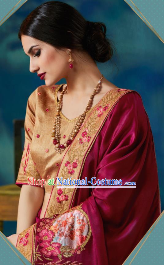 Traditional Indian Sari Embroidered Wine Red Silk Dress Asian India National Bollywood Costumes for Women