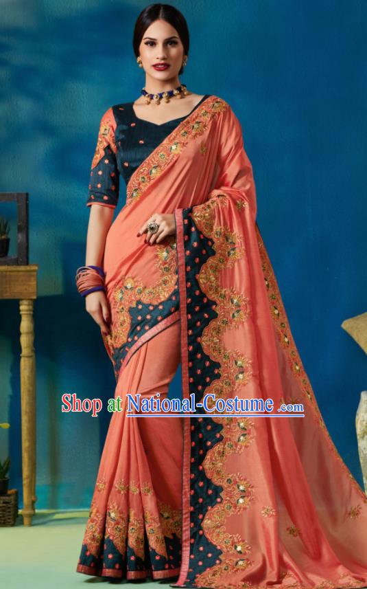 Traditional Indian Sari Embroidered Peachy Silk Dress Asian India National Bollywood Costumes for Women