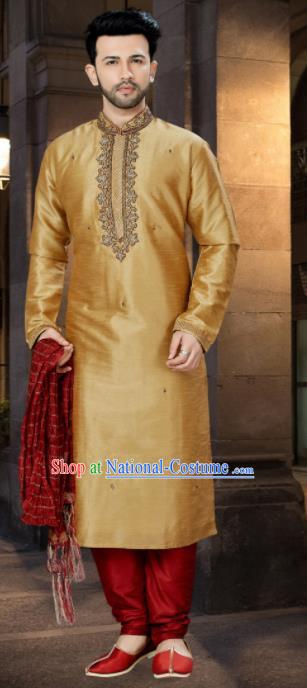 Asian Indian Sherwani Wedding Embroidered Golden Clothing India Traditional Bridegroom Costumes Complete Set for Men