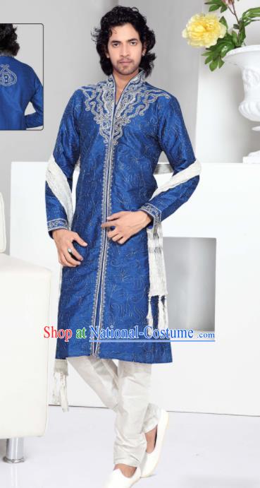 Asian Indian Sherwani Wedding Embroidered Royalblue Clothing India Traditional Bridegroom Costumes Complete Set for Men