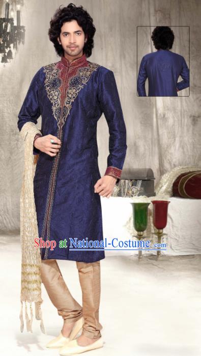 Asian Indian Sherwani Embroidered Deep Blue Clothing India Traditional Wedding Bridegroom Costumes Complete Set for Men