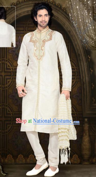 Asian Indian Sherwani Embroidered White Clothing India Traditional Wedding Bridegroom Costumes Complete Set for Men