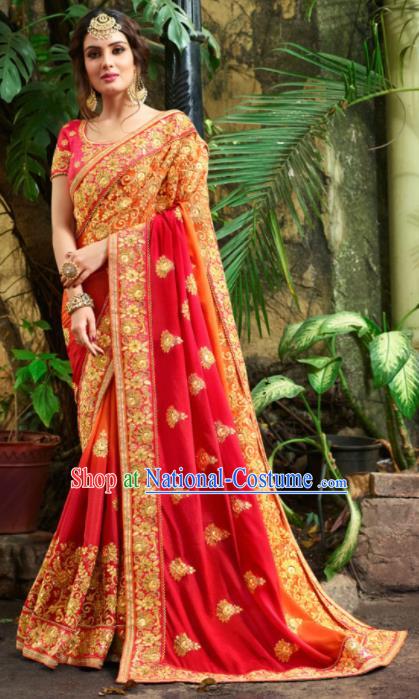 Traditional Indian Court Bride Embroidered Red Sari Dress Asian India National Bollywood Costumes for Women