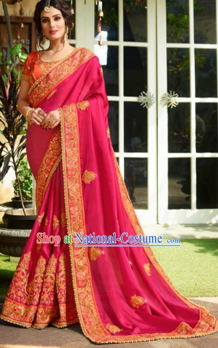 Traditional Indian Court Bride Embroidered Rosy Sari Dress Asian India National Bollywood Costumes for Women