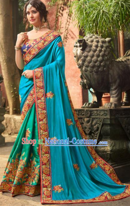 Traditional Indian Court Bride Embroidered Blue Sari Dress Asian India National Bollywood Costumes for Women