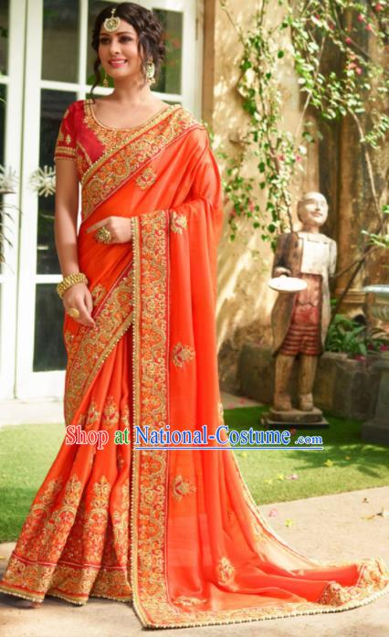 Traditional Indian Court Bride Embroidered Orange Sari Dress Asian India National Bollywood Costumes for Women