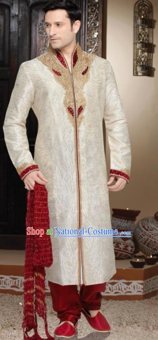 Asian Indian Sherwani Bridegroom Embroidered Apricot Clothing India Traditional Wedding Costumes Complete Set for Men