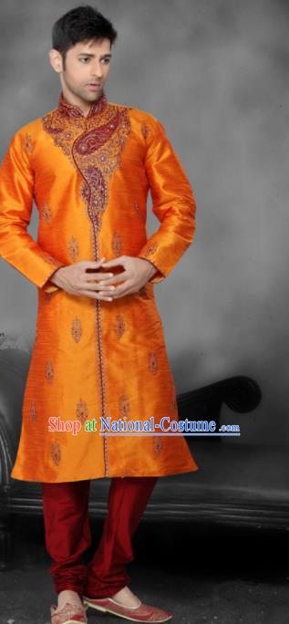 Asian Indian Sherwani Bridegroom Embroidered Orange Clothing India Traditional Wedding Costumes Complete Set for Men