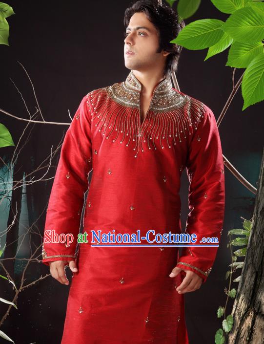 Asian Indian Sherwani Bridegroom Embroidered Red Clothing India Traditional Wedding Costumes Complete Set for Men