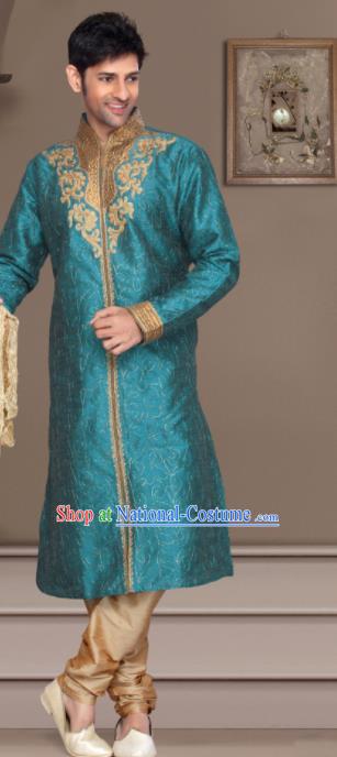 Asian Indian Sherwani Bridegroom Embroidered Blue Clothing India Traditional Wedding Costumes Complete Set for Men