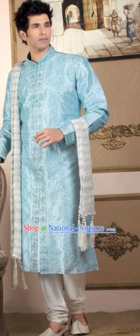 Asian Indian Sherwani Bridegroom Light Blue Clothing India Traditional Wedding Costumes Complete Set for Men